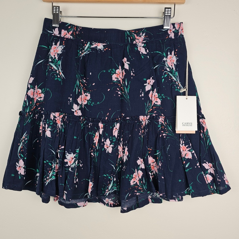 NWT Carve Designs Sienna Skirt Women SM Bouquet Navy Blue Floral Organic Cotton
